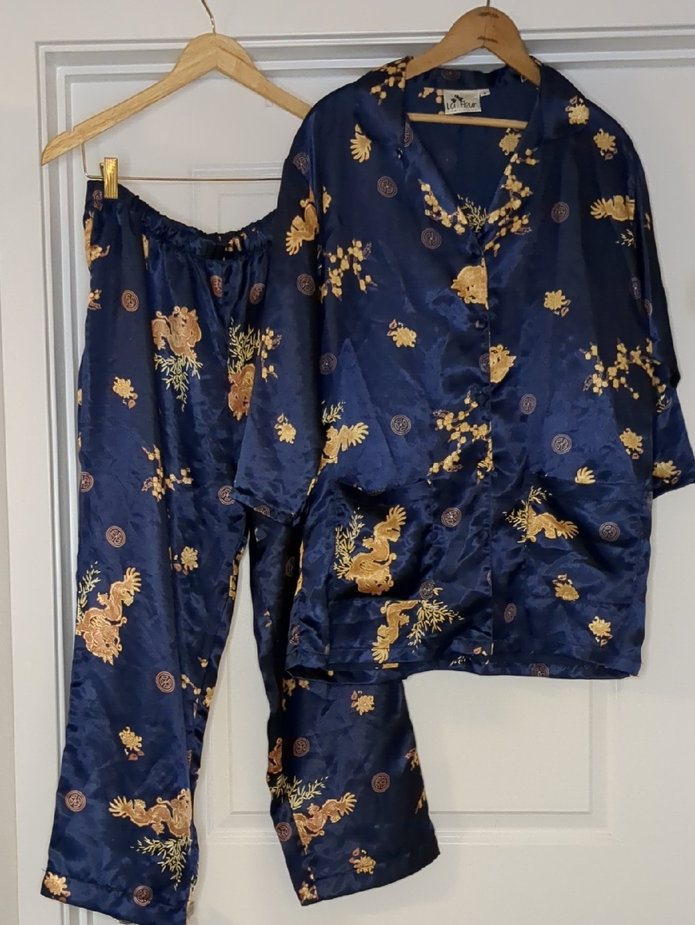 La Fleur Satin Pajama Set Navy Blue Gold Asian Dragon Print AZ Large